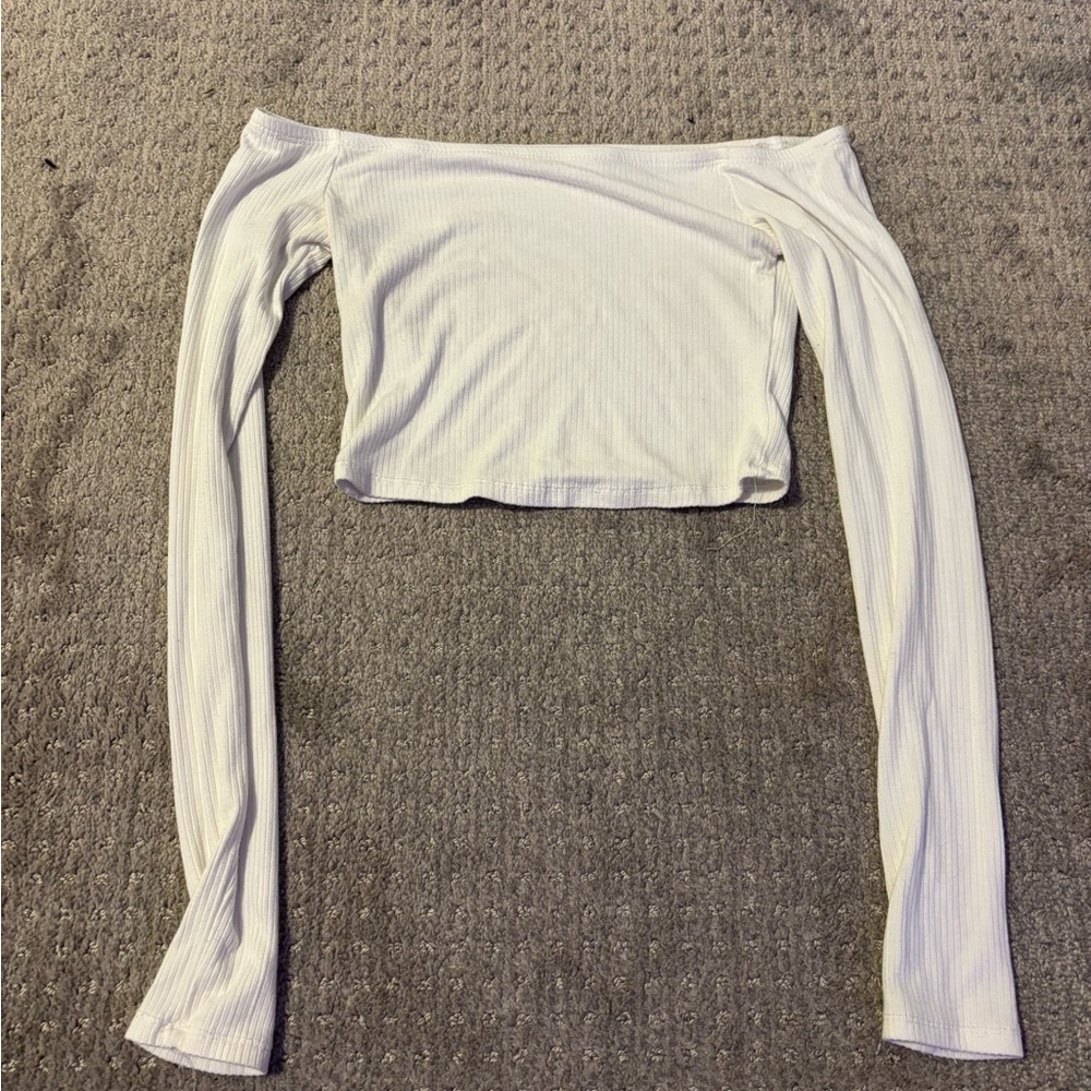 Garage White Ribbed Off-Shoulder Crop Top